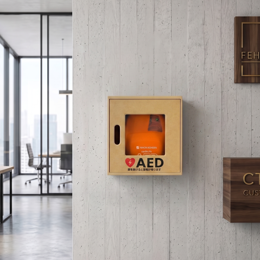 両開き木製AED収容ボックス 壁掛け式 AED-120K-D(屋内用)